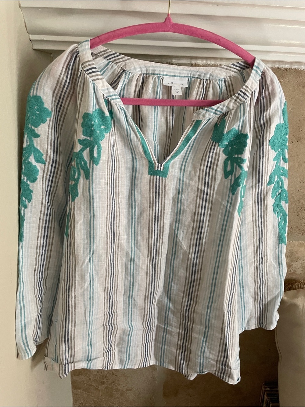 J jill 💯 percent Love Linen Striped Embroidered Blouse Peasant beachy Casual M